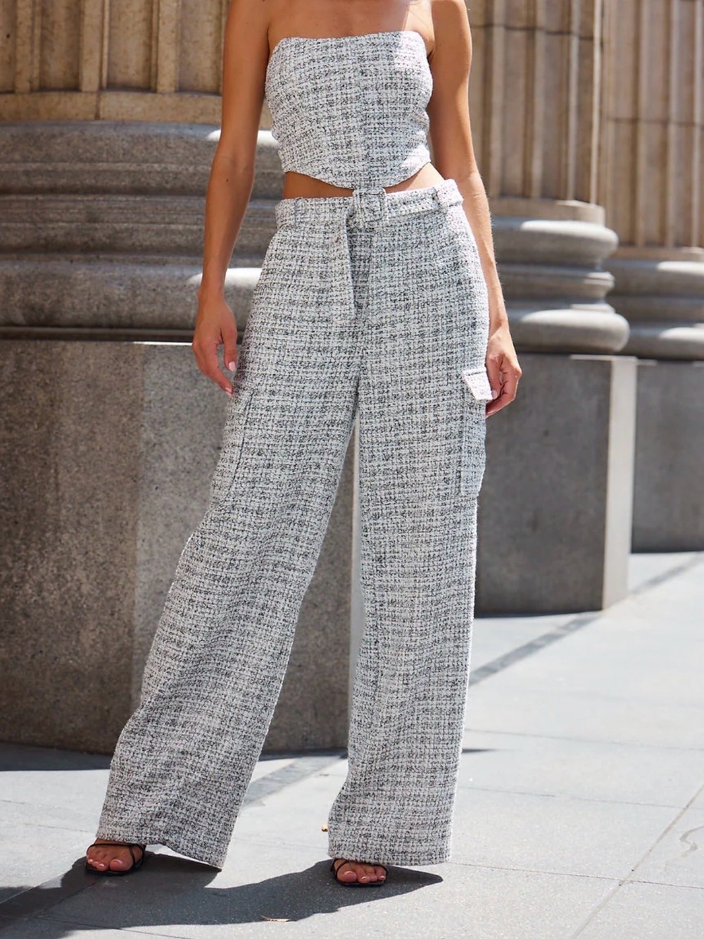 Wide Leg Tweed Pants — Light Gray